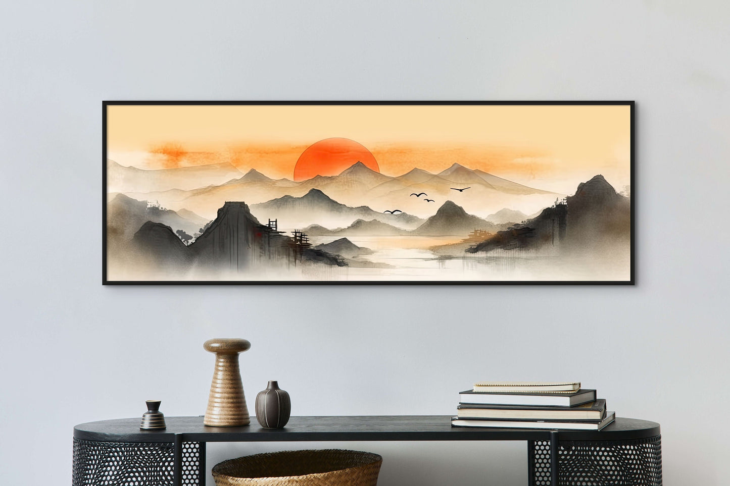 Sunset Mountains Landscape Sumi-E Wall Art, Art Print