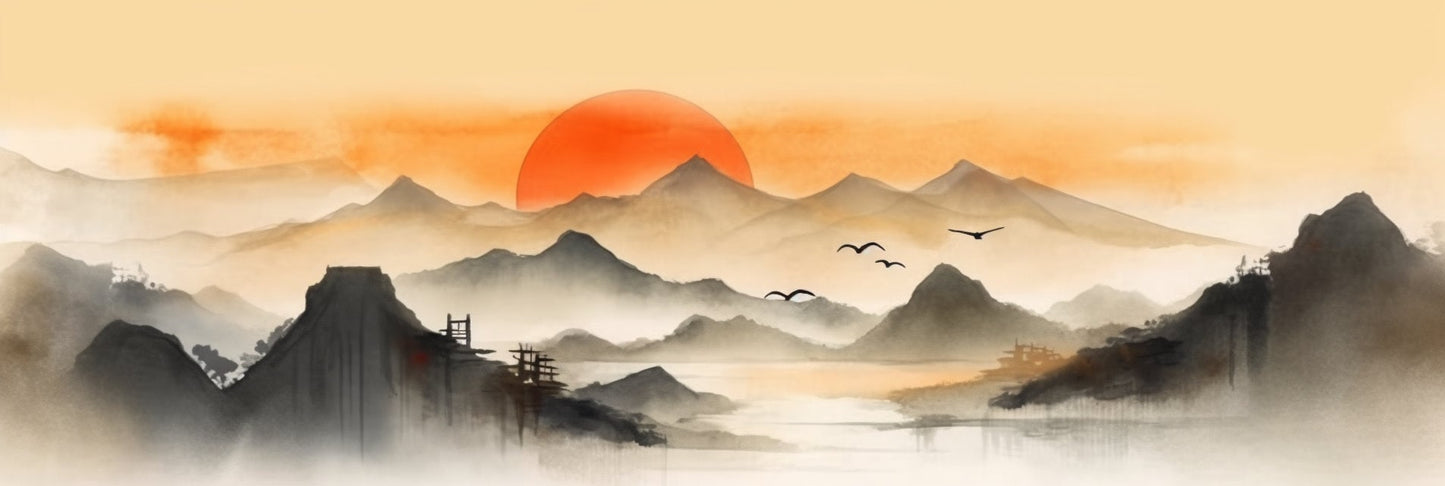 Sunset Mountains Landscape Sumi-E Wall Art, Art Print