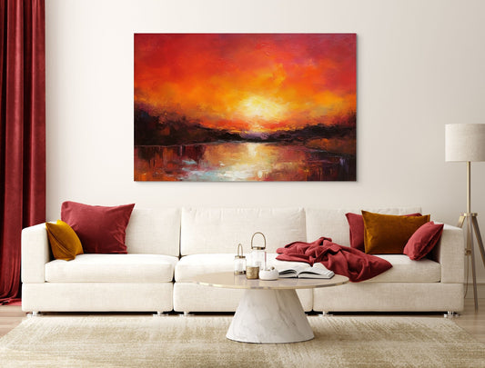 Impressionist Sunset Landscape Wall Art, Red Orange Yellow, Canvas Print
