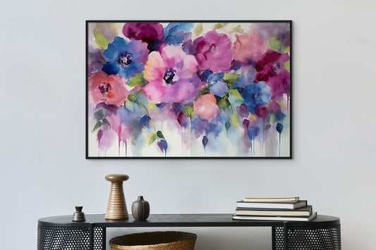 Pink Mauve Blue Flowers Impressionism Canvas Print Ready to Hang Large Framed Wall Art