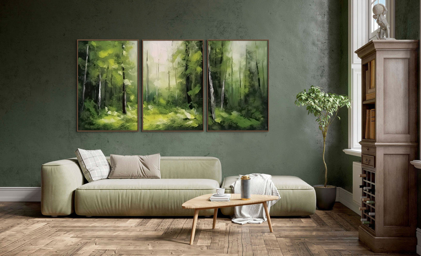 Set of Three Canvas Prints, Impressionist Forest Wall Art, Green Brush Art