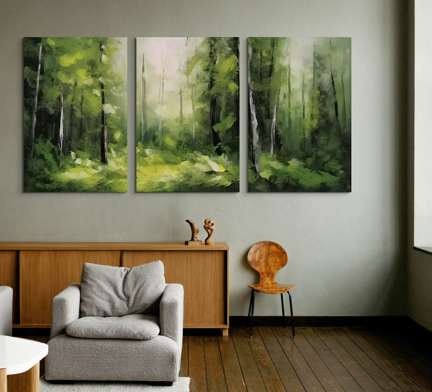 Set of Three Canvas Prints, Impressionist Forest Wall Art, Green Brush Art